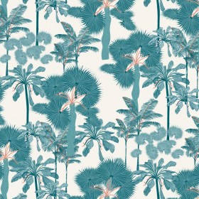 Papier peint inspiration toile de Jouy bleu turquoise
